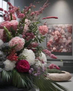 Capture a stunning image of a Nordic-inspired scene inside contemporary urban art gallery at 11 a.m. using a Leica Hermes Edition M7 camera. Focus on an intricate floral bouquet , and incorporate sophisticated composition, gestalt principles, and silver ratio proportions. Use volumetric lightning and crocoite colors. The image should be hyper-detailed, hyper-realistic, eye-catching, product-focused, sharp focused, vivid colors and sophisticated.