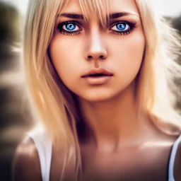 masterpiece, best quality, sexy beautiful girl, blond flutter hair, white t-shirt, highly detailed face and eyes, sun light, 4K, RAW, depth of field, high contrast, realistic details, 150mm