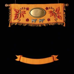 an autumn colored textured cloth hanging with embroidered ornamental leaves and cows, small blank oval brass engraving plate in upper middle, banner is downward pointed bottom, on dark background, western style