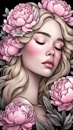 young woman, with blonde hair, a coloring page of a beautiful bouquet of peonies all around her face, her eyes are closed and dreaming peacefully, only her face shows, her face covered by the bouquet of peonies, with a black background, clear outline, no shadows, 4k