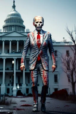 Ultra realistic image, joe biden zombie, zombie performance, suit, skull, blood, torn arm, night, walking twisted, waist up view, thriller style, dark ambient, highly detailed, White House background, concept art, unreal engine 5, god rays, ray tracing, RTX, focal lighting, ultra detail, volumetric lighting, 3d, finely drawn, high definition, high resolution.