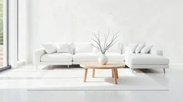 This image showcases a modern, minimalist living room with a clean and elegant design. The layout features a large, white sectional sofa adorned with matching white cushions, positioned against a plain white wall. Natural light streams from the left, casting soft shadows and enhancing the serene ambiance. In front of the sofa, there is a round, light wood coffee table with a simple white vase holding a few bare branches, adding a touch of nature to the space. The floor is covered with a light-co