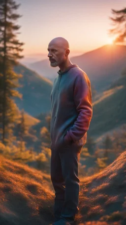 spray paint, body with dark outline, portrait of bald man inside snail house psychedelic sunset in carpathians montains sun set ,bokeh like f/0.8, tilt-shift lens 8k, high detail, smooth render, down-light, unreal engine, prize winning