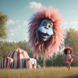 Ultra realistic circus scene. Sweet big hair monster. Child’s playing, smile, happy, color bubbles, smooth color, waist up view, Wes Anderson style, dark ambient, highly detailed, concept art, unreal engine 5, god rays, ray tracing, RTX, lumen lighting, ultra detail, volumetric lighting, 3d, finely drawn, high definition, high resolution.