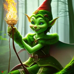 romantic fantasy spray painting, portrait of cute smiling green eyed green head robed elf poet with cute ornament,sitting on a branch, loosing torch in magical forest by waterfall