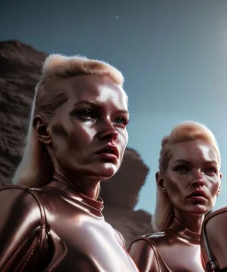 Ultra Realistic retro sci-fi movie scene, waist up view portrait, 3 clones blonde women, sweet young Kate moss face, perfect iris, glow eyes, face makeup. Mars and martians background, Retro sci-fi style, helmet, tight latex coat, fog, rain, soft color, highly detailed, unreal engine 5, ray tracing, RTX, lumen lighting, ultra detail, volumetric lighting, 3d, finely drawn, high definition, high resolution.