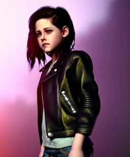 Kristen stewart toddler, full body, leather jacket, dramatic lighting, hyper realistic