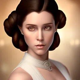 stunning and hyperdetailed half-body portrait photo of princess leia from Star Wars, hazel iris, wlop, artgerm, akihiko yoshida, and liang xing, detailed face, doe eyes, intricate braided hair style, symmetrical eyes, trending on artstation, highly detailed, white dress, dynamic pose, intricate outfit, space ship and galaxy background