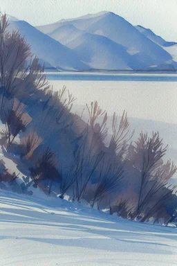 Rolling hills, lake, winter, snow, sunrise Modifiers: smooth intricate high definition beautiful lighting pencil sketch watercolor polished warm light watercolor and ink LNF