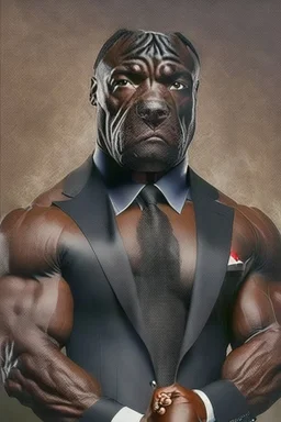 Bodybuilder Lee Haney with the face of a Rottweiler dog A dog's head instead of a person's head Only the player's body with a bulldog head on it He wears a luxurious black suit and holds a luxurious cigar The suit covers the body. In the mouth of the dog there is a luxurious cigar