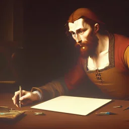 leonardo da vinci works in his study on a laptop at his desk. painting in photoshop. hyperdetailed, warm colors, movie poster, photoillustration, oil on canvas, lens flare