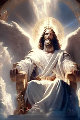 Jesus. On His throne. In his glory. In heaven. Cherubim around him. Epic. Light. Hyper Realistic hyper detailed face. Realistic hands.