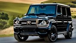 A sleek (((g wagon))) Fully سمشة Customizing, cutting through a (sunny, open countryside) backdrop