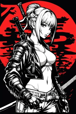 anime girl, Ronin, design for shirt, in the style of Masamune Shirow