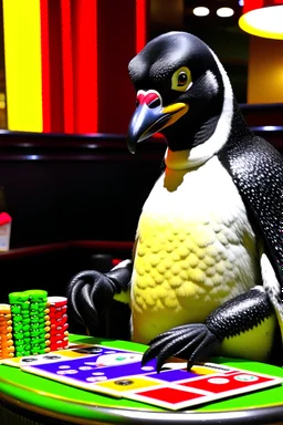 photo of a penguin playing cards at a casino, not a cartoon