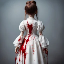 A girl's doll wearing a white dress with red blood bleeding from the back