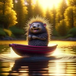 cute blessed freedom statue porcupine flying in a rubber boat in the river,catching a big fish in a river stream, 8k, downlight, soft light, depth of field, photorealism, trending on art station, lotsa detail