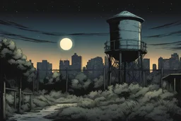 night, watertower, overgrown apocalyptic city background, comic book, fence