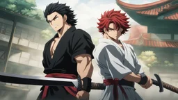 yujiro hanma vs yoriichi tsugukuni, baki vs kimetsu no yaiba, two mans standing in front of each other, a big strong man in black shirt with red hair and evil grin facing a smaller feminine swordsman with long hair and calm face in traditional japanese clothes