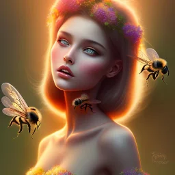 flower beautiful girl,utra realistic,parallax flowers, honeybee, fantasy art, Special Lighting, Vibrant, Solid color,color Scheme, forest, movie poster