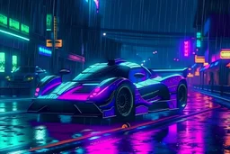 glowing purple Zonda car zooming through the streets of a neon lit futuristic miami at night and in the rain 8k hyperrealistic
