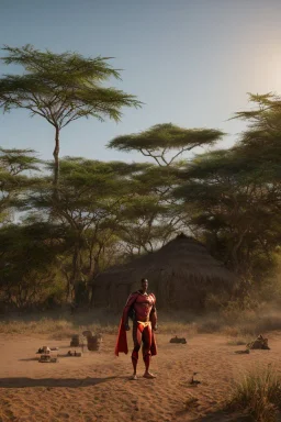 A photo taken from an african village "justice league", <character or scene>, kente, cinematic lighting --v 4 --q 2