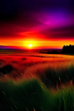 landscape sunset grass, purple red yellow, in the distance