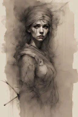 A stern female warrior, in an ancient dungeon, broken columns, smoky lamps, semi-darkness, horror and fear, soft black pencil, sketch, Carne Griffiths