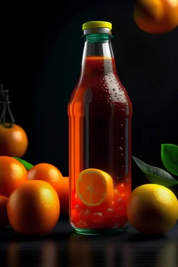 orange soda bottle with chillis and oranges on the side in hd