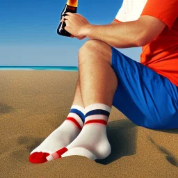 deutscher dicker männlicher urlauber sonnt sich am strand in socken und sandalen mit einer bierflasche.