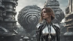 three-quarter view of a woman in a silver robotic catsuit standing in a futuristic derelict city with mushrooms with tentacles floating in the sky