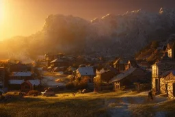 highly detailed small village scene, sunset, illustration, background snowy mountains, cinematic lighting, 4k, 8k, octane render, digital concept art, trending on artstation, pinterest, extremely detailed, ambient lighting.