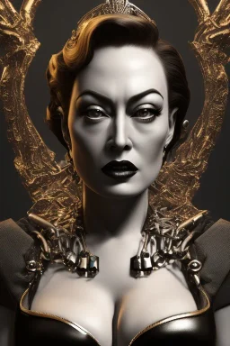 Joan Crawford as evil queen in black leather, busty, cleavage, dominatrix, curvy, angry, stern look. unreal 5, octane render, cinema4d, dynamic lighting, dramatic lighting, 4k, redshift render, highly detailed, hyper realistic,anthropomorphic