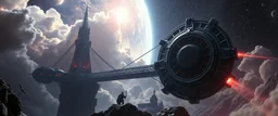 dark draw bridge space station holding huge round blade space ship, portrait of inter-galatic handsome power broker , the first nation, witchcraft, cyberpunk village, sci-fi, strange chrome vessels, volume light from stars through clouds, goa trance poster