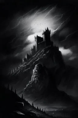 Dark and gritty drawing of a fortress in mountains, dark skies, towers