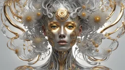 figure of a woman, art from the "art of control" collection by Jasper Harvey, in the style of futuristic optics, silver and gold, flower, bird, plant branches, detailed facial features, swirling vortices, 8k 3d, bizarre cyborgs made of crystals, high detail, high resolution, 8K