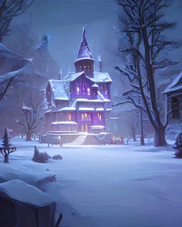 A magical snowy warlock castle in Christmas