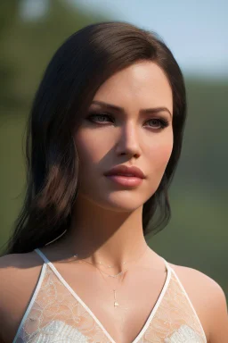 realistic, portrait and full body of a woman standing next to rocky river in country side, beautiful face with nice make up, sunlight, cinematic light, bangs, a beautiful woman, beautiful eyes, brown curved hair, perfect anatomy, very cute, princess eyes , (blue eyes) , nice sport shoes ,Centered image, stylized, life size,8k Resolution, low-cut dress with small blue details, human hands, wonder full, elegant, approaching perfection, dynamic, highly detailed, character sheet,