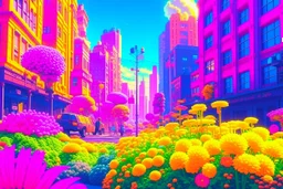 sunny day, flowers, epic, sci-fi, retrowave city