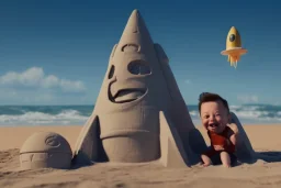 Elon musk as a Happy baby building a rocketship sandcastle on the beach