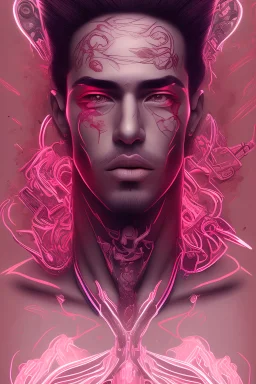 Cartoon style brown guy with fade charactor with the word lust tatoo on his neck with neon pink power