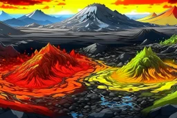 acidic soil in anime style with lava and mountains , red white yellow black colors , magic the gathering style, realistic style