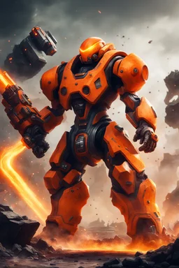 orange futuristic juggernaut with dual plasma battle axe and 4 plasma canon in the back, fighting in brutal battlefield