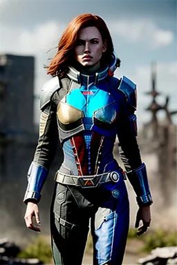 ultrarealistic, ruined city,__mass effect armor__, __angles__, 19 year old woman, strikingly beautiful, ginger hair, silver colour, [__starlets__|__starlets__], (pale __skincolor__ skin:1.2), __camera__, _hair_, detailed face and eyes, medium breasts, leather choker, freckles, dynamic pose, resolved expression, __accessory__, strappy outfit, (straps:1.1), sword in scabard on left hip, (buckles, buttons, snaps, rings:1.0), haltertop style breastplate, detailed eyes, plump lips, sci-fi theme