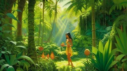 A vibrant, tropical Eden teeming with exotic flora and fauna, where a native woman offers a fruit as a symbol of gratitude, sunlight filtering through the lush canopy.