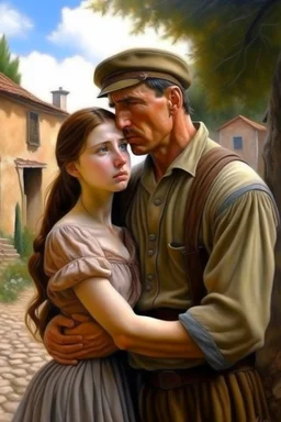 Oil painting of a soldier who fell in love with a very beautiful village girl Photorealistic