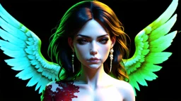 3D render ultra detailed of a beautiful angel, from knee to head, biomechanical cyborg, analog, 35 mm lens, beautiful natural soft rim light, big leaves and stems, roots, fine foliage lace, colorful details, samourai, pearl earring, heavely tattoed, intricate details, mesh wire, mandelbrot fractal, facial muscles, cable wires, microchip, badass, hyper realistic, ultra detailed, octane render, volumetric lighting, 8k post-production, red and white, detailled metalic bones, semi human, by Glenn Br