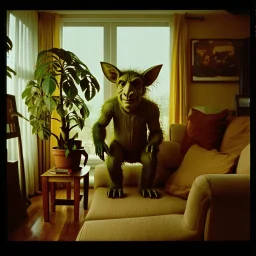 Close-up polaroid of ultra realistic odd monster, part man, part plant, and part animal in a living-room, vivid, ultra realistic, Egon Schiele, hypermaximalist figures, light, Italian 1970's odd movie, hilarious, fine art, Minicavio Quollati style, photography by Marlost Endgulp, dark atmosphere, obsessive, 4k, sharp focus, 3d, photorealism