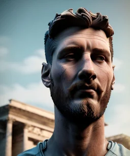 Gran angular, Realistic image, roman sculpture, marble material, Lionel Messi, Laurel wreath model, miguel angel style, emperador, God light, god rays, 4k resolution, ornate details, soft lighting, unreal engine 5, soft cyan background.