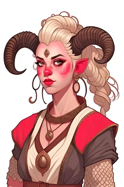 A teenaged tiefling woman with white blonde hair, pointy ears, a set of ram horns and another set of gazelle horns, fancy clothes,